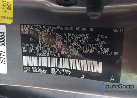 2011 Toyota Sienna Base V6 из США, поврежденный, VIN 5TDZK3DC9BS166816